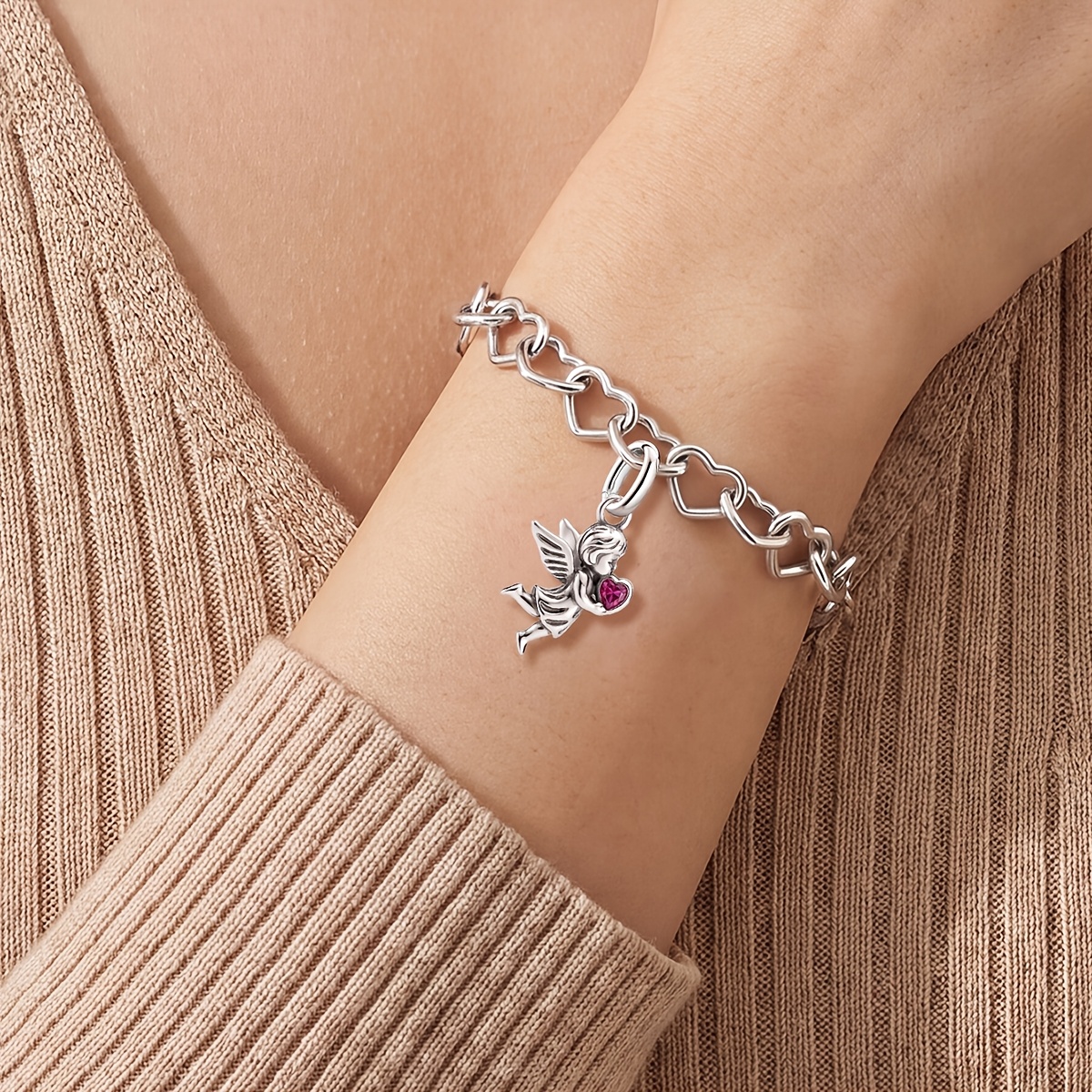 Heart-Holding Angel Vintage Pendant Bracelet, 925 Silver Plated